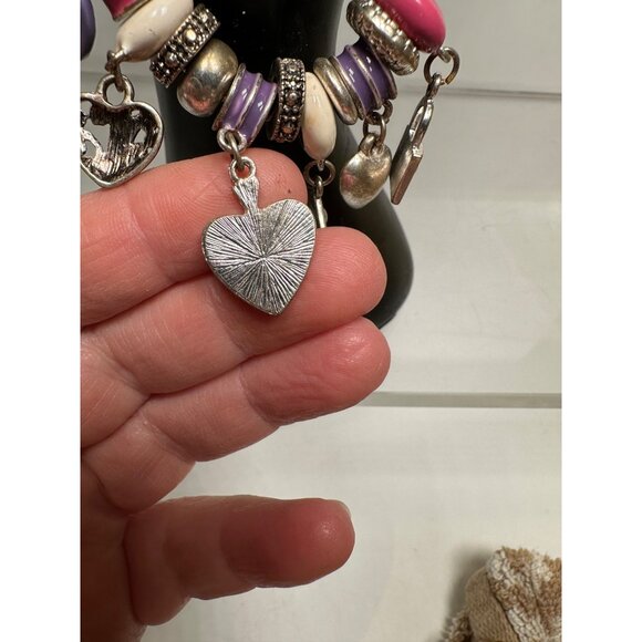 Silver Charm Bracelet Pink Purple Accents Heart Bag Pendants Design Womens - Picture 6 of 14